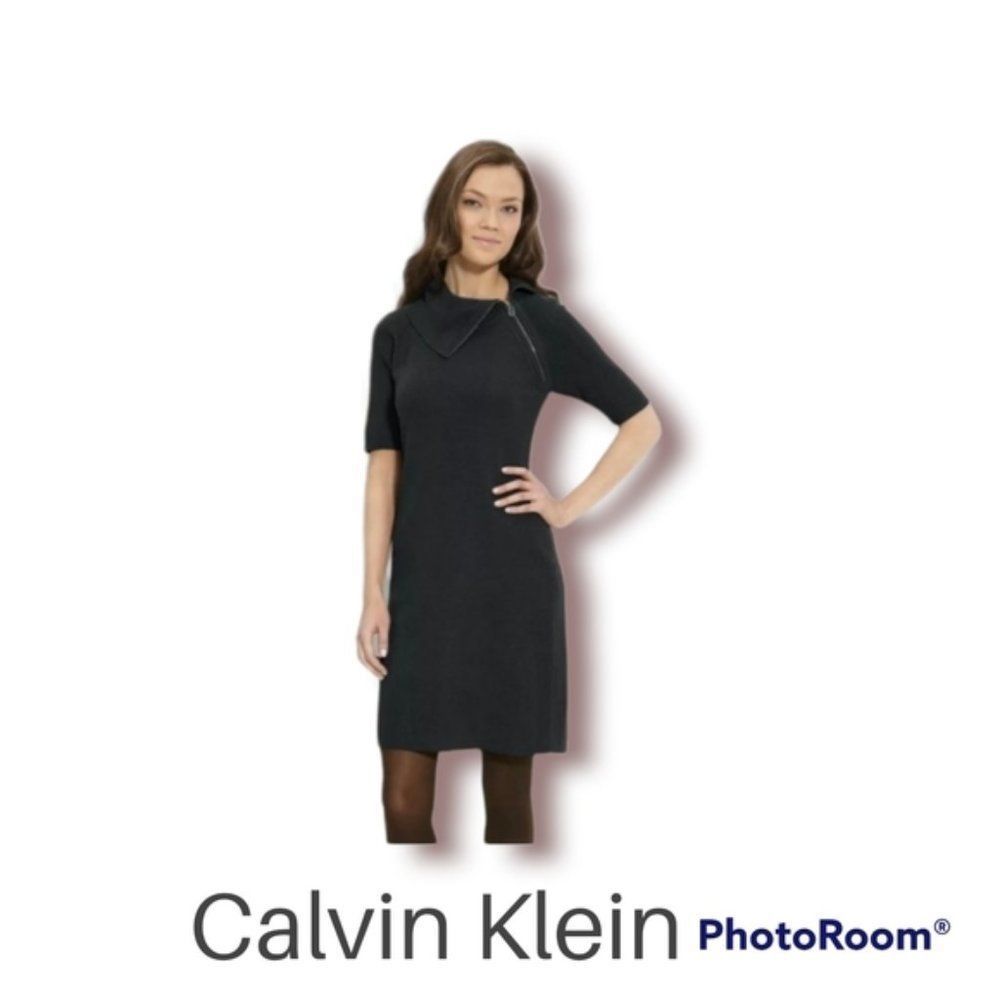 NWOT Calvin Klein Black Short Sleeve Sweater Dress with Zipper